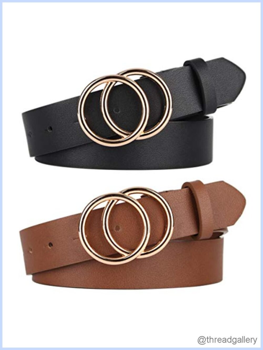 Pack 2 Women Belts Faux Leather Double O-Ring Buckle Jeans Accessory